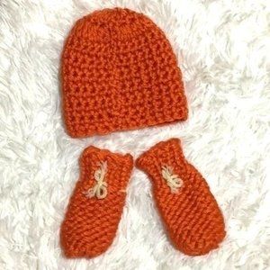 Hand Crocheted Beanie & Bow Mittens-3-6 Months